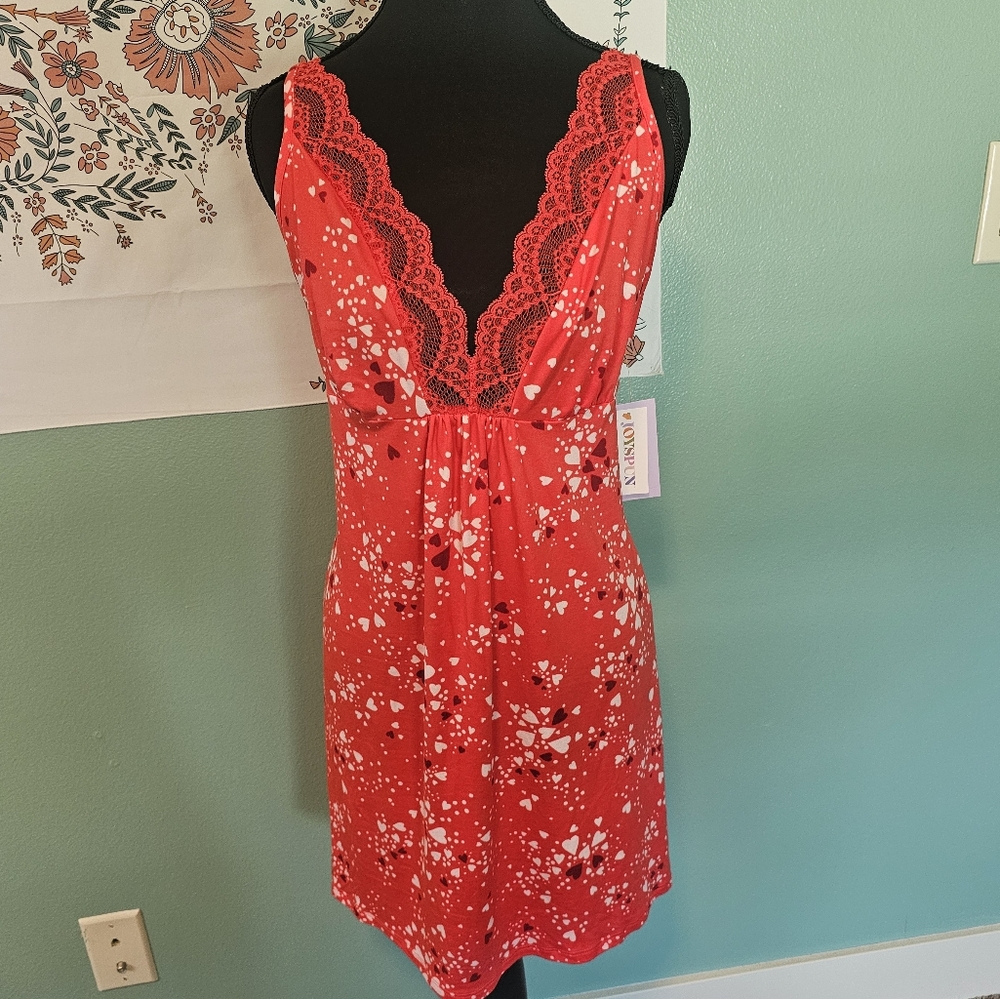 Red Lace Trim Chemise with Floral Print